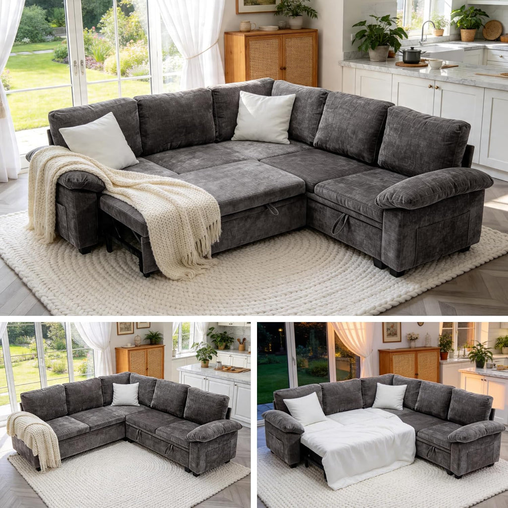 Sofa Bed, Sleeper Sofa with Pull Out Bed, L Shaped Modular Sectional Couch with Storage Ottoman, Modern Chenille Cloud Couch, Convertible Sofa Cama para Sala, Multiple Sizes (Light Gray, 5)