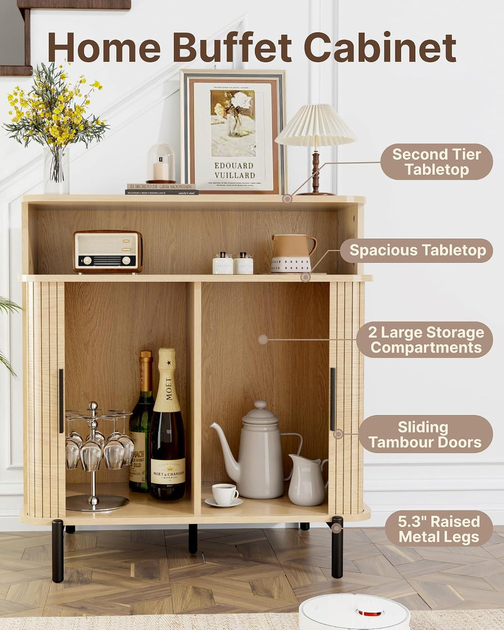 SUNCOZE Buffet Sideboard Cabinet with Big Storage Space, Fluted Coffee Bar Cabinet with Shelves, Modern Wood Console Cabinet for Kitchen, Entryway & Living Room (Wood)