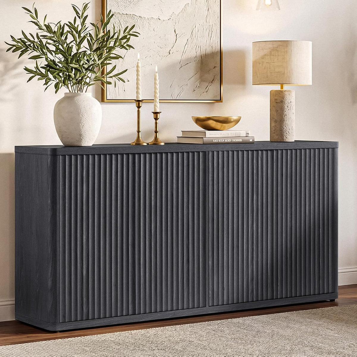 SICOTAS Buffet Cabinet with Storage Accent Sideboard with 4 Doors 66.3" Wide Fluted Credenza Modern Buffet Table Media Console Cabinet Entryway Cabinets for Living Room Kitchen Dining Room Hallway