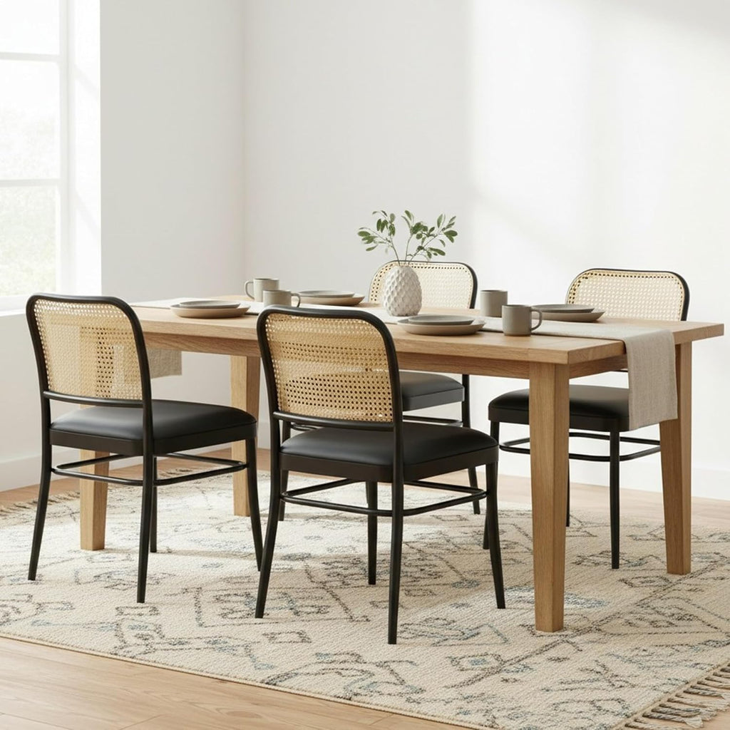 Rattan Dining Chairs Set of 4, Mid-Century Modern, Black | Cane Back Design, Faux Leather Upholstery, Boho Style, Comfortable Padded Seat, 350 LBS Weight Capacity