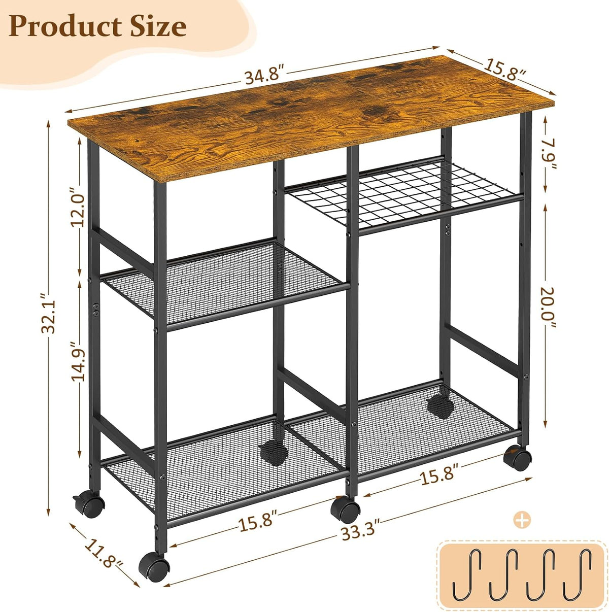 ThreeHio Rolling Kitchen Microwave Cart, 3-Tier Microwave Stand with Adjustable Shelf, Kitchen Storage Cart on Lockable Wheels, Coffee Bar Baker's Rack Organizer Shelf for Living Room, Office, Balcony