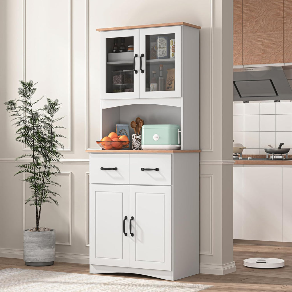 66.9'' Kitchen Pantry Cabinet, White Pantry Storage Microwave Cabinet with Glass Doors, Adjustable Shelves, Drawer, Freestanding Larder Cupboard for Kitchen, Dining Room
