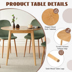 Small Oak Round Dining Table Set for 4, Modern 35'' Kitchen Coffee Table with 4 Green Velvet Dining Chairs for Dining Room Apartment