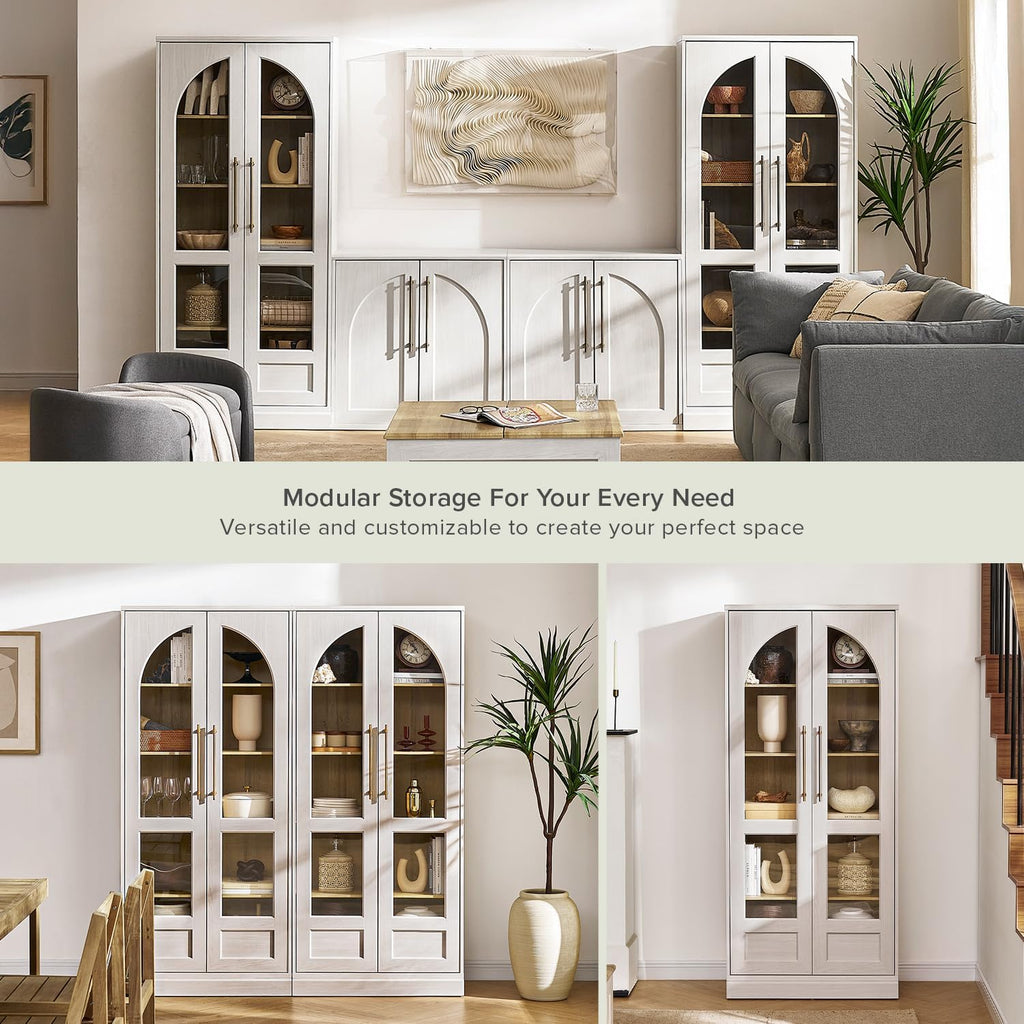 mopio Blake Tall Display Cabinet, Kitchen Buffet Pantry Cupboard, Trophy Display Case, Storage Cabinet Scratch Resistant Acrylic, Modern Farmhouse Curio Organizer (White Oak Arched, Single)