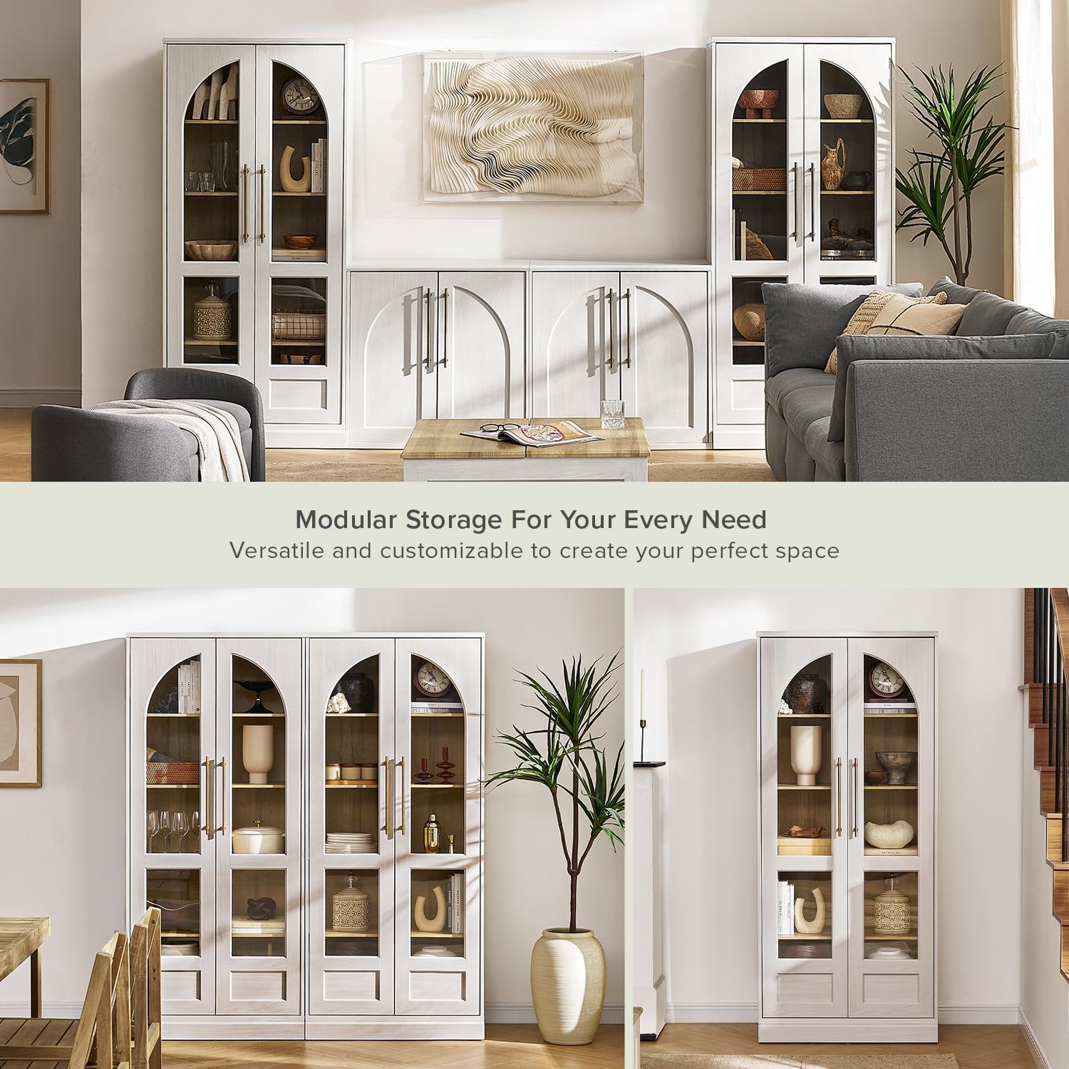 mopio Blake Tall Display Cabinet, Kitchen Buffet Pantry Cupboard, Trophy Display Case, Storage Cabinet Scratch Resistant Acrylic, Modern Farmhouse Curio Organizer (White Oak Arched, Single)