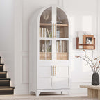71" Tall Arched Cabinet with Glass Doors, Farmhouse Kitchen Storage Cabinet with Hidden Drawer and Adjustable Shelves, Hutch Cabinets for Dining Room, Bathroom (White)