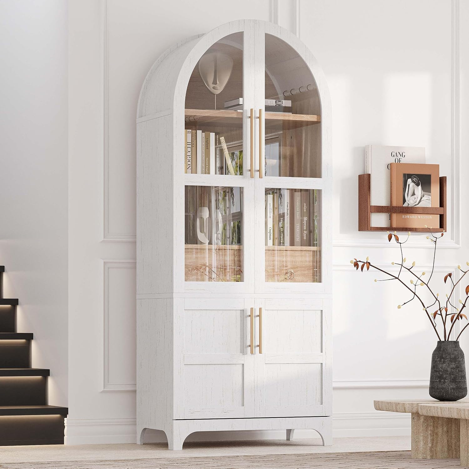 71" Tall Arched Cabinet with Glass Doors, Farmhouse Kitchen Storage Cabinet with Hidden Drawer and Adjustable Shelves, Hutch Cabinets for Dining Room, Bathroom (White)