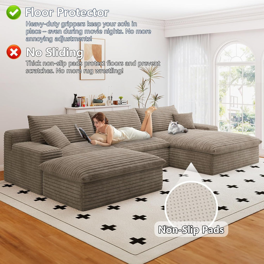 107" Cloud Couch Modular Sectional Sofa for Living Room, U-Shape Couch with Deep Seat, Modern Corduroy 3-Seater with Ottoman, No Assembly Required (Camel,Right-Facing Chaise)