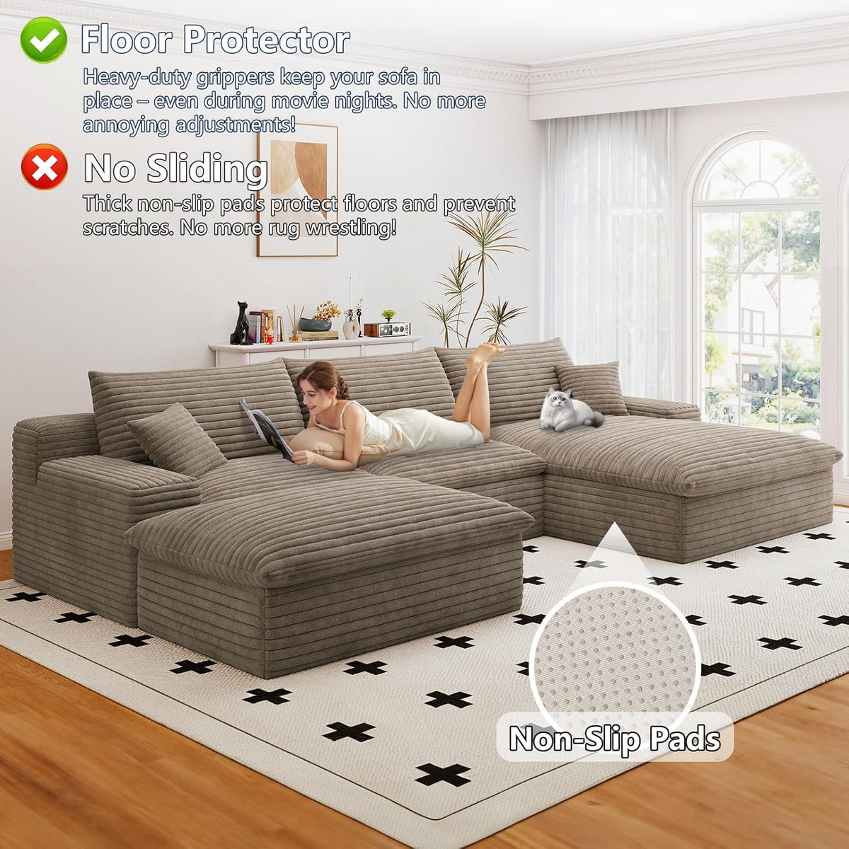 107" Cloud Couch Modular Sectional Sofa for Living Room, U-Shape Couch with Deep Seat, Modern Corduroy 3-Seater with Ottoman, No Assembly Required (Camel,Right-Facing Chaise)