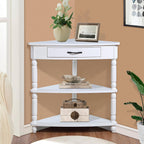 Small Triangle Corner Table Wood Corner Side Tables with Drawer & 2 Open Shelves 3 Tier End Corner Table with Solid Wood Legs for Small Spaces Living Room - Milk White
