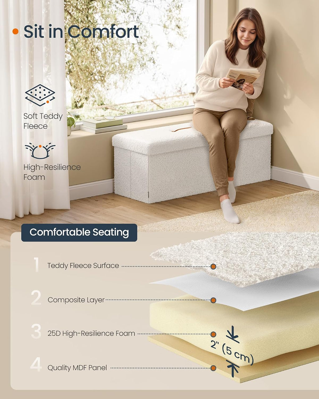 SONGMICS Large Folding Storage Ottoman Bench, 15 x 43 x 15 Inches | Foot Rest Stool, Load up to 660 lb, Cappuccino White and Ink Black, MINOTA Collection ULSF097W01