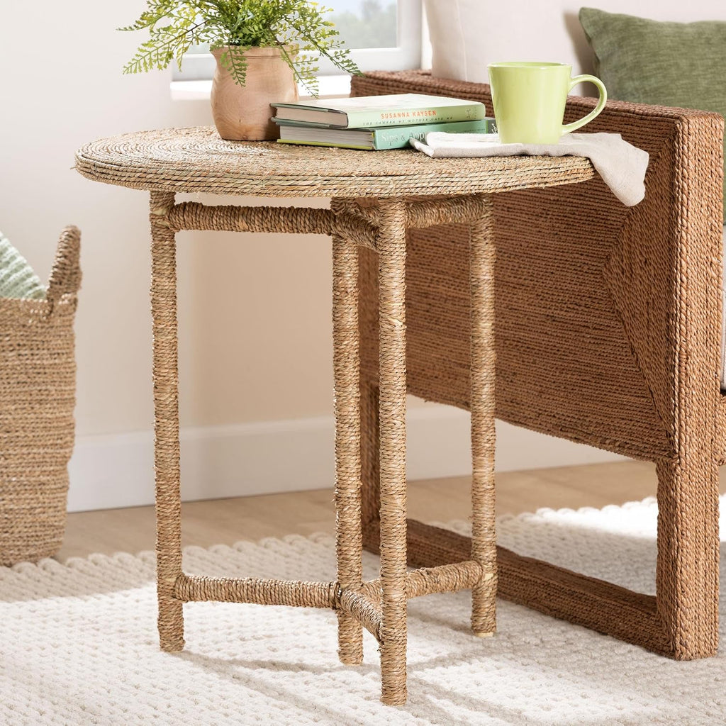 bali & pari Fumito Handwoven Seagrass End Table - Round Boho Side Table with Wrapped Frame, Handmade Coastal Décor for Living Room or Sun Room