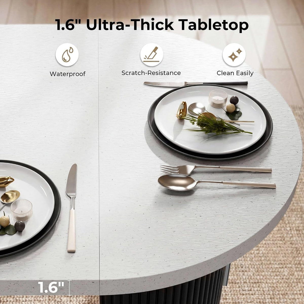 IRONCK 71" Oval Dining Table for 4-8, Modern Farmhouse Dining Table with Hidden Storage & Fluted Base, 1.6" Thick Faux Quartz Top, Dinner Table for Dining Room Kitchen Home Office, Black