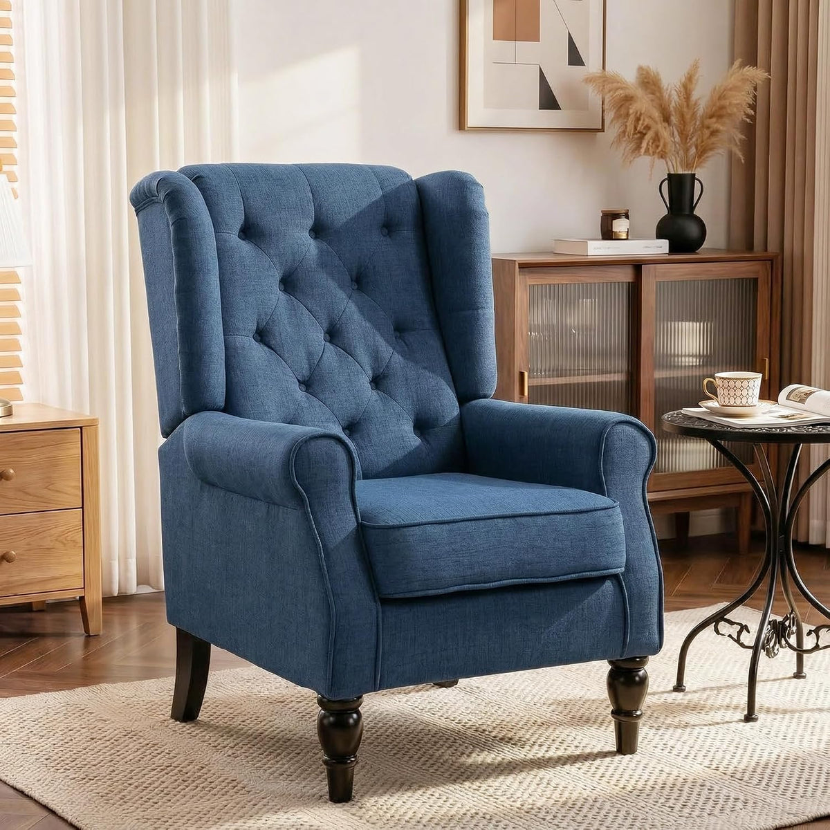 HOMCOM Mid-Century Modern Accent Chair, High Wingback Reading Chair, Blue | Button-Tufted, Upholstered Fabric, Retro Wood Legs, Apartment, Living Room, Bedroom