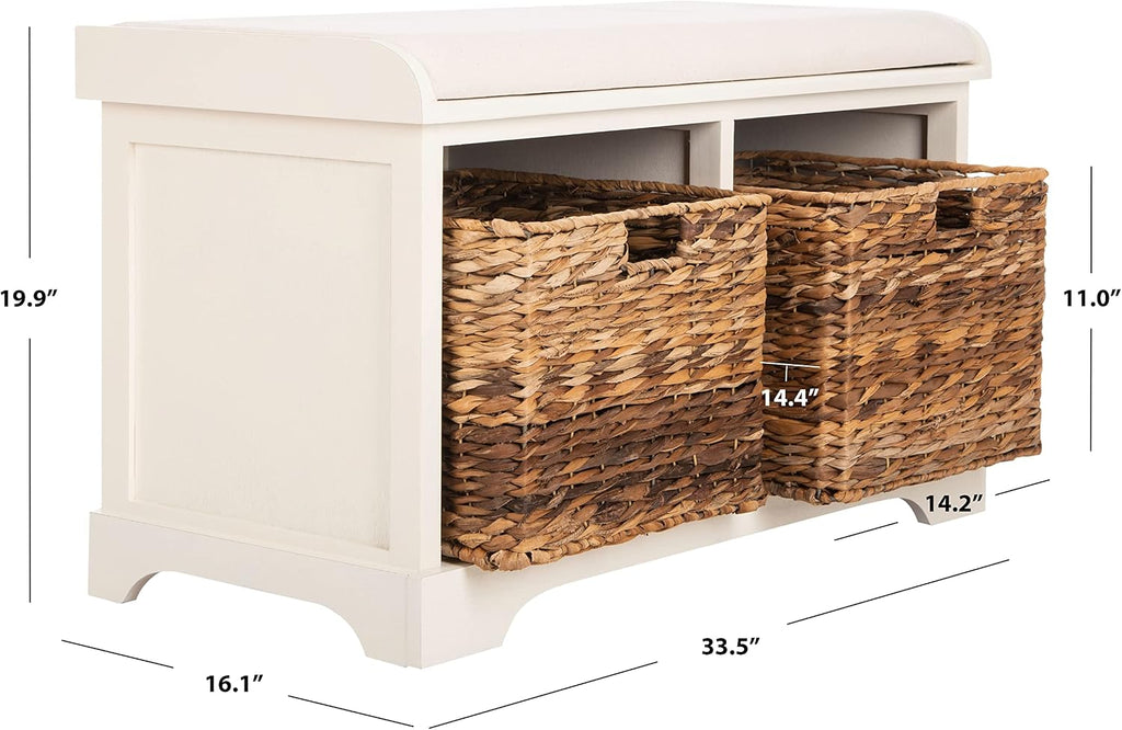 SAFAVIEH Furniture - Freddy 2-Basket Storage Bench - Vintage White - Solid Wood - Coastal Basket Storage Design - Ideal for Entryway, Living Room, Hallway, 18" Seat Height - Fully Assembled (AMH5736D)