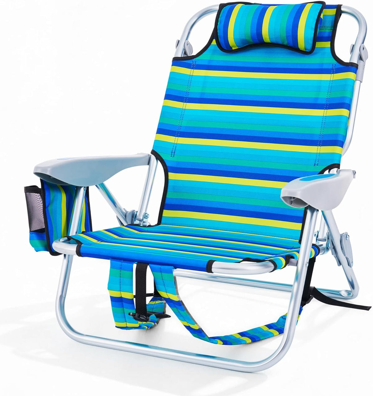 Portable Beach Chair for Adults, Outdoor Lightweight Camping Chair Lay Flat Folding Backpack Beach Reclining Chair with 5 Positions, Headrest, Zipper Pouch, Cup Holder, NEW Striped