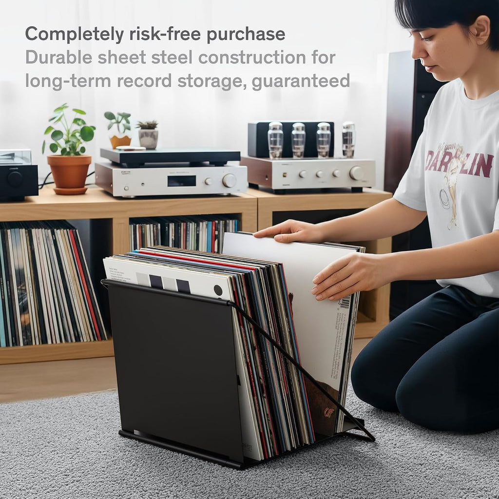 Boundless Audio Vinyl Record Storage Rack - Record Holder for 50 LPs, Black | Solid Steel Powder-Coated Finish - Patented Fold-Flat Frame - Minimalist Now Playing Album Display Stand & Crate Alternative