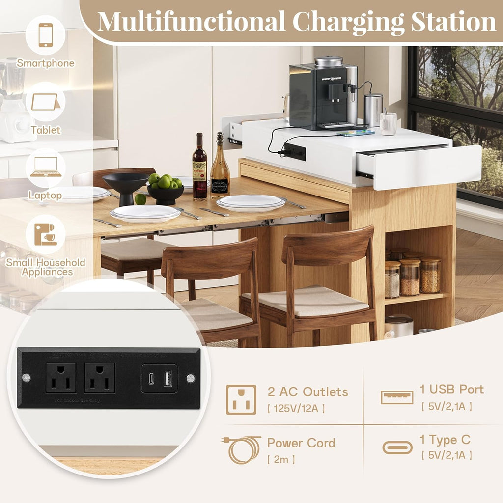 Extendable Dining Table with Storage, Transformer Console Table for 1-4 People, Mobile Rolling Island Table Space Saving Dining Room Table with Built-in Outlet for Homes, Apartments, Natural