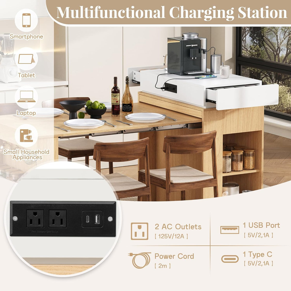 Extendable Dining Table with Storage, Transformer Console Table for 1-4 People, Mobile Rolling Island Table Space Saving Dining Room Table with Built-in Outlet for Homes, Apartments, Natural