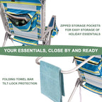 Romswi Tall Beach Chair Extra Wide for Adults, 17" High Seat Backpack Beach Chair with Cooler Bag, Cup & Phone Holder, 5-Position High Back Reclining Chair with Towel Bar & Zipper Pocket, Blue Stripes