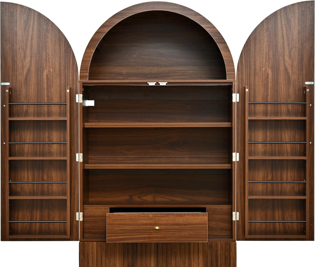 Merax 72" Tall Arched Cabinet Kitchen Pantry with 4 Doors, Fluted Storage Cabinets with 3 Adjustable Shelves & 1 Hidden Drawer & 8 Door Shelves, Versatile Cupboard for Kitchen, Dining Room, Brown