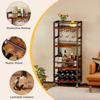 Homeiju Small Bar Cart with 5-Tier Shelf, Mobile Kitchen Shelf with Wine Rack and Glass Holder, Mini Bar Cart for Small Spaces, Rustic Brown