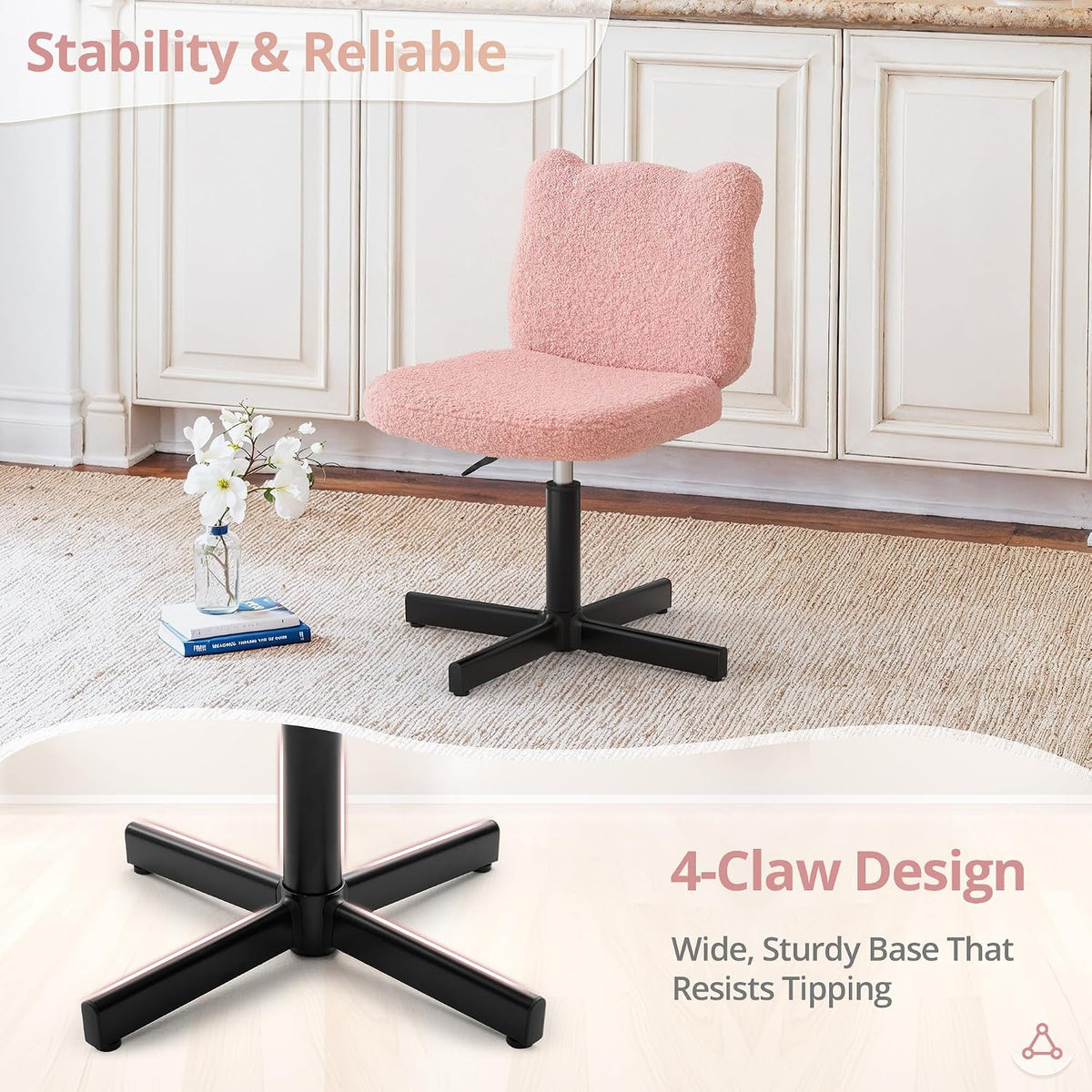 LUE BONA Adjustable Vanity Stool Chair with Girly Bear Ear Wide Back, 360° Swivel Vanity Stool for Makeup Room, Upholstered Teddy Velvet Ottoman for Teen Girls, 350lbs, Pink