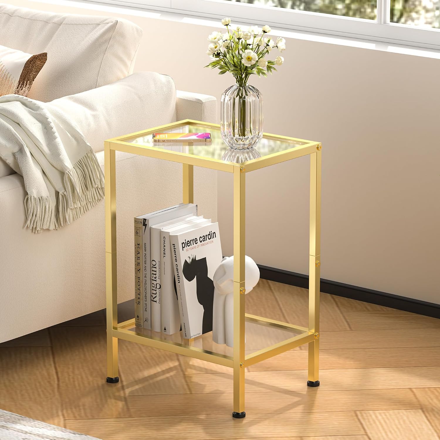 Glass Side Table, Tempered Glass End Table, 2-Tier Nightstands with Open Shelves, Small Coffee Table with Modern Style, Accent Table Small Table Sofa Table for Living Room, Bedroom,Gold