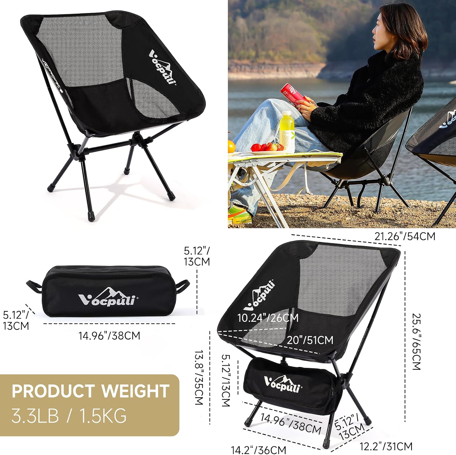 Camping Chair, Lightweight Folding Backpacking Hiking Chair, Compact Portable 330 lbs Capacity，Gifts for Men (Black -1pack