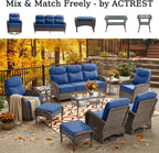 Outdoor Ottomans Patio Footrest Set of 2 - High Back Comfortable Brown Wicker Rattan Steel Frame Footstool Additional Bench Side Table for Porch Balcony Deck Garden Poolside - Navy Blue