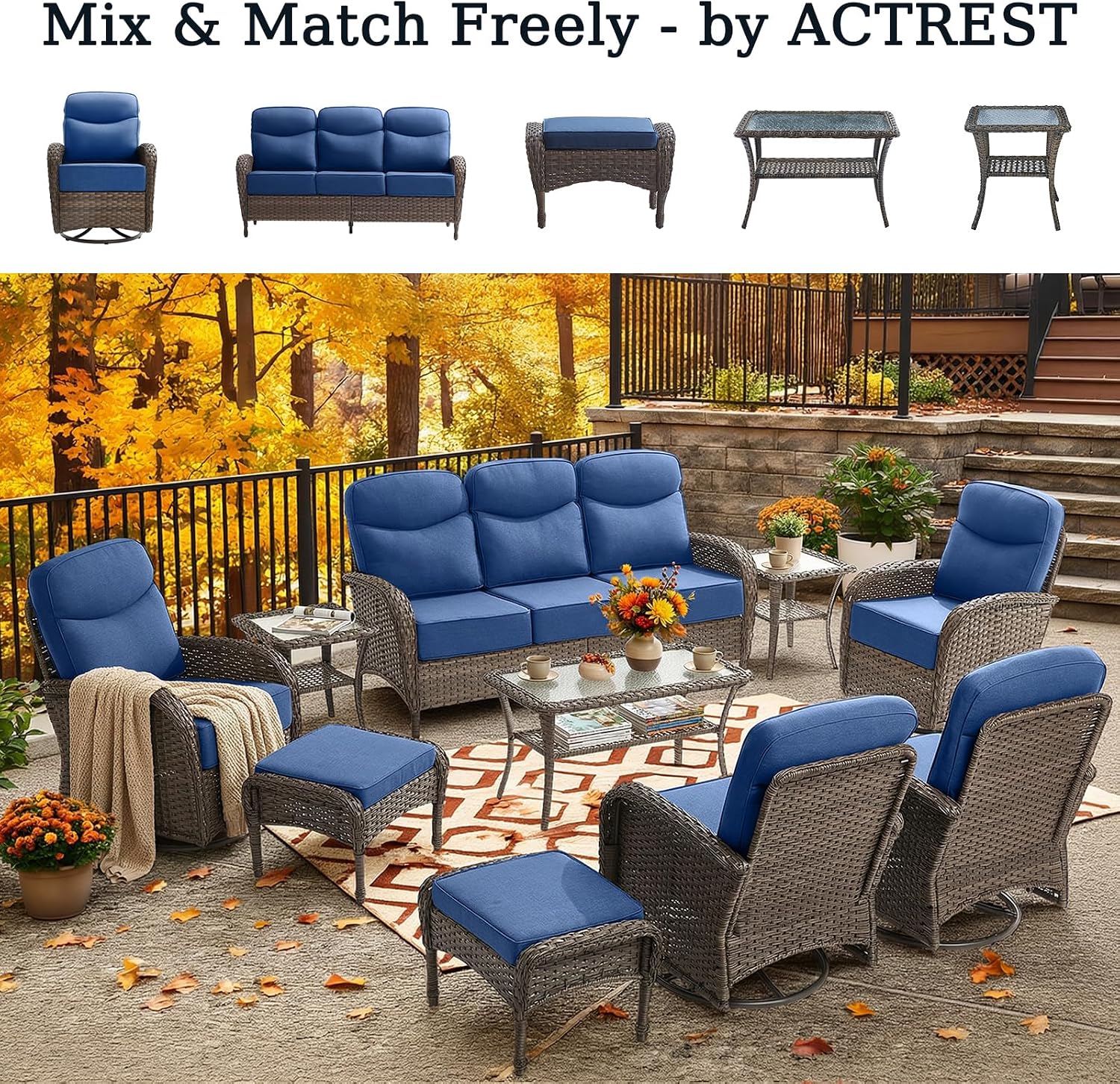 Outdoor Ottomans Patio Footrest Set of 2 - High Back Comfortable Brown Wicker Rattan Steel Frame Footstool Additional Bench Side Table for Porch Balcony Deck Garden Poolside - Navy Blue