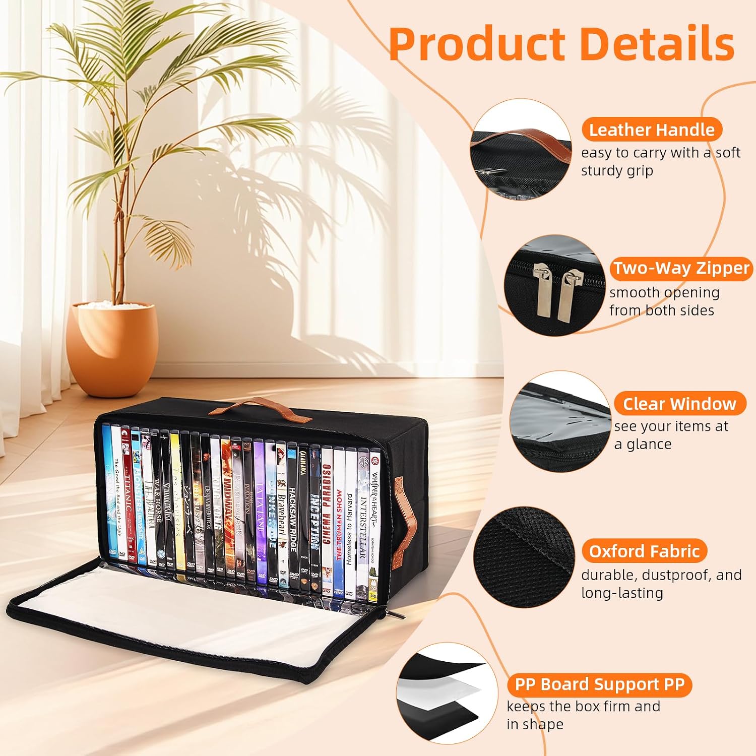 4 Pack DVD Storage Box, Stackable Oxford Fabric DVD Cases Holder with Front Zippered Clear Window and Handles, 15.7 x 7.9 x 6.1 In, Foldable DVD Organizer Rack, Holds Up to 100 DVDs (25 Each)
