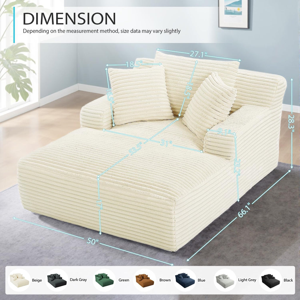 ivoros 50 Inch Chaise Lounge Chair Indoor, Oversized Corduroy Upholstered Sofa Bed, Deep Seat Sleeper Couch Reading Chairs, Cloud Sofas Couches for Living Room, No Assembly Required (Beige)