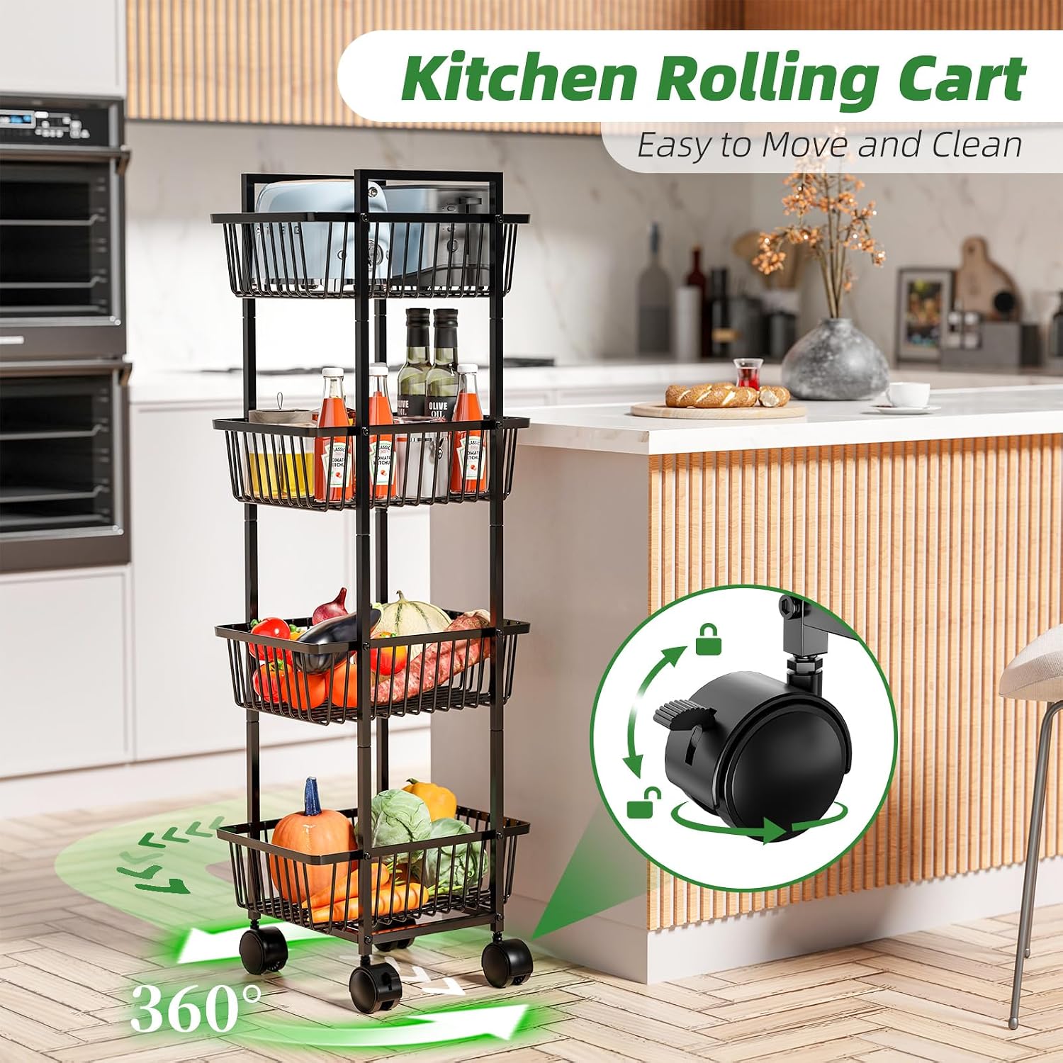Simple Trending 4 Tier Rolling Fruit Vegetable Basket Cart, Black | Metal Wire, Kitchen Storage Organizer, on Wheels, for Bread Onion Potatoes