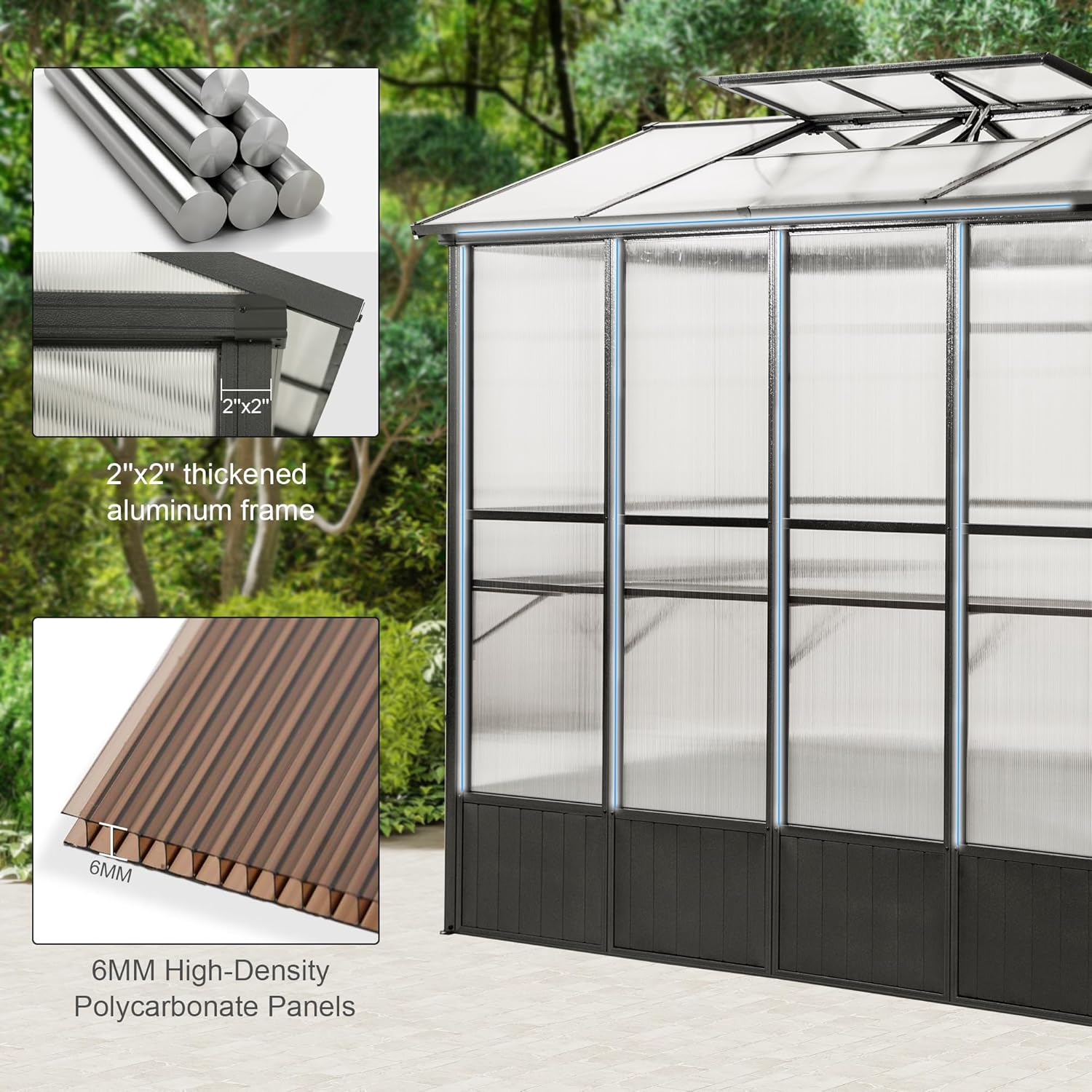 Domi 6.5x8FT Polycarbonate Greenhouse with Automatic Vent, Extra Tall 7.8FT Walk-in Aluminum Frame, Weather-Resistant Green House with Shelves & Hooks for Outdoor Garden, Backyard, Dark Grey