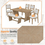 Merax 6-Piece Retro Dining Set, 1 Rectangular Table with Stable Trapezoidal Table Base and 4 Upholstered Chairs and 1 Bench for Dining Room and Kitchen, Natural Wood Wash