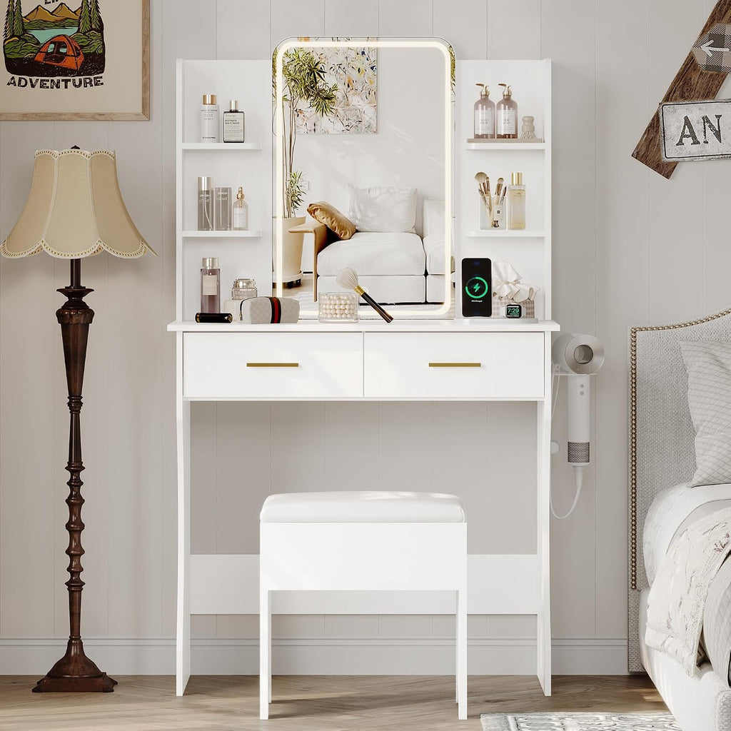 Small Vanity Desk with Mirror and Lights, Makeup Vanity with LED Lights, White Vanity Mirror with Lighted Desk and Chair, 3 Lighting Adjustable Compact Dressing Table with Mirror for Women, Girls