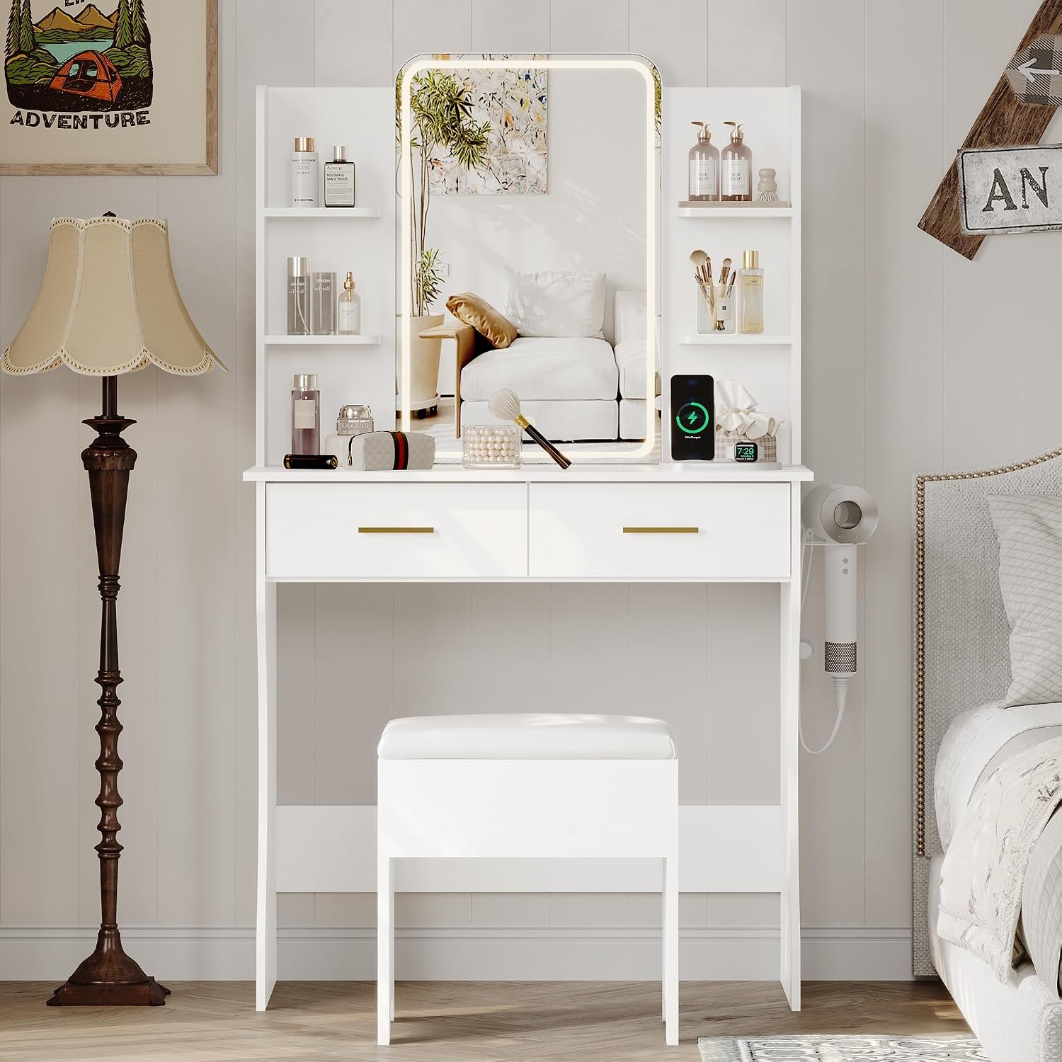 Small Vanity Desk with Mirror and Lights, Makeup Vanity with LED Lights, White Vanity Mirror with Lighted Desk and Chair, 3 Lighting Adjustable Compact Dressing Table with Mirror for Women, Girls