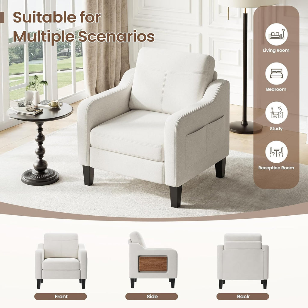 Upholstered Accent Chair with Foldable Side Table for Living Room | 2 Side Pockets, Modern Linen Armchair Wooden Fabric Chairs for Living Room, Comfy Reading for Bedroom/Office
