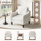 Upholstered Accent Chair with Foldable Side Table for Living Room | 2 Side Pockets, Modern Linen Armchair Wooden Fabric Chairs for Living Room, Comfy Reading for Bedroom/Office