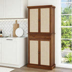 72.2” Tall Kitchen Pantry Cabinet with Rattan Doors, Walnut Freestanding Storage Hutch with 4 Adjustable Shelves and Drawer, Farmhouse Wood Cupboard for Dining Room & Living Room, 180° Hinges