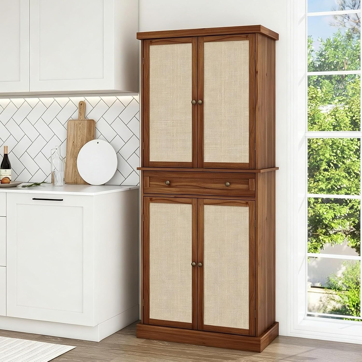 72.2” Tall Kitchen Pantry Cabinet with Rattan Doors, Walnut Freestanding Storage Hutch with 4 Adjustable Shelves and Drawer, Farmhouse Wood Cupboard for Dining Room & Living Room, 180° Hinges