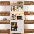 DreamDashio 73" Tall Pantry Cabinet with Charging Station & LED Light, Kitchen Pantry Storage Cabinet with Microwave Stand, Farmhouse Kitchen Hutch with 2 Storage Drawers and 6 Hooks for Dining Room