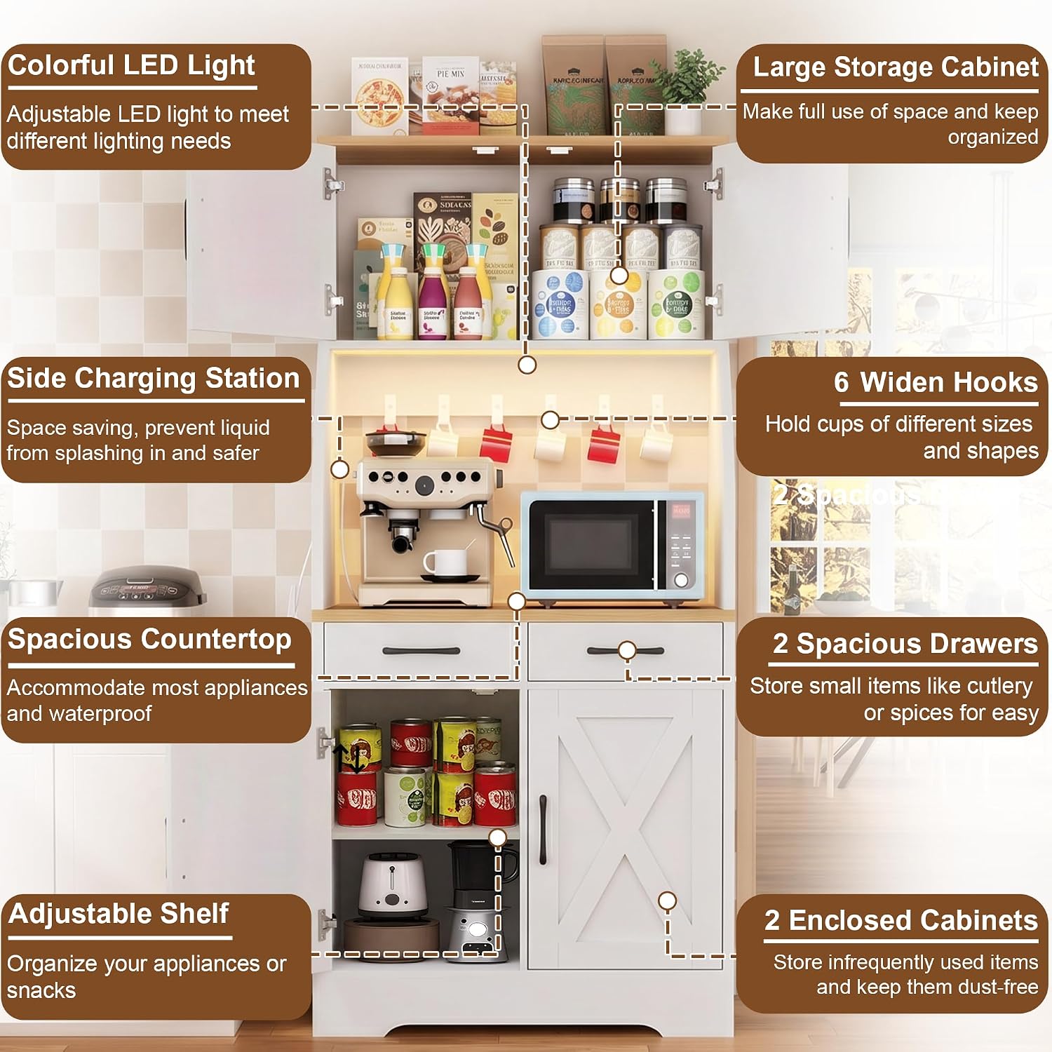 DreamDashio 73" Tall Pantry Cabinet with Charging Station & LED Light, Kitchen Pantry Storage Cabinet with Microwave Stand, Farmhouse Kitchen Hutch with 2 Storage Drawers and 6 Hooks for Dining Room