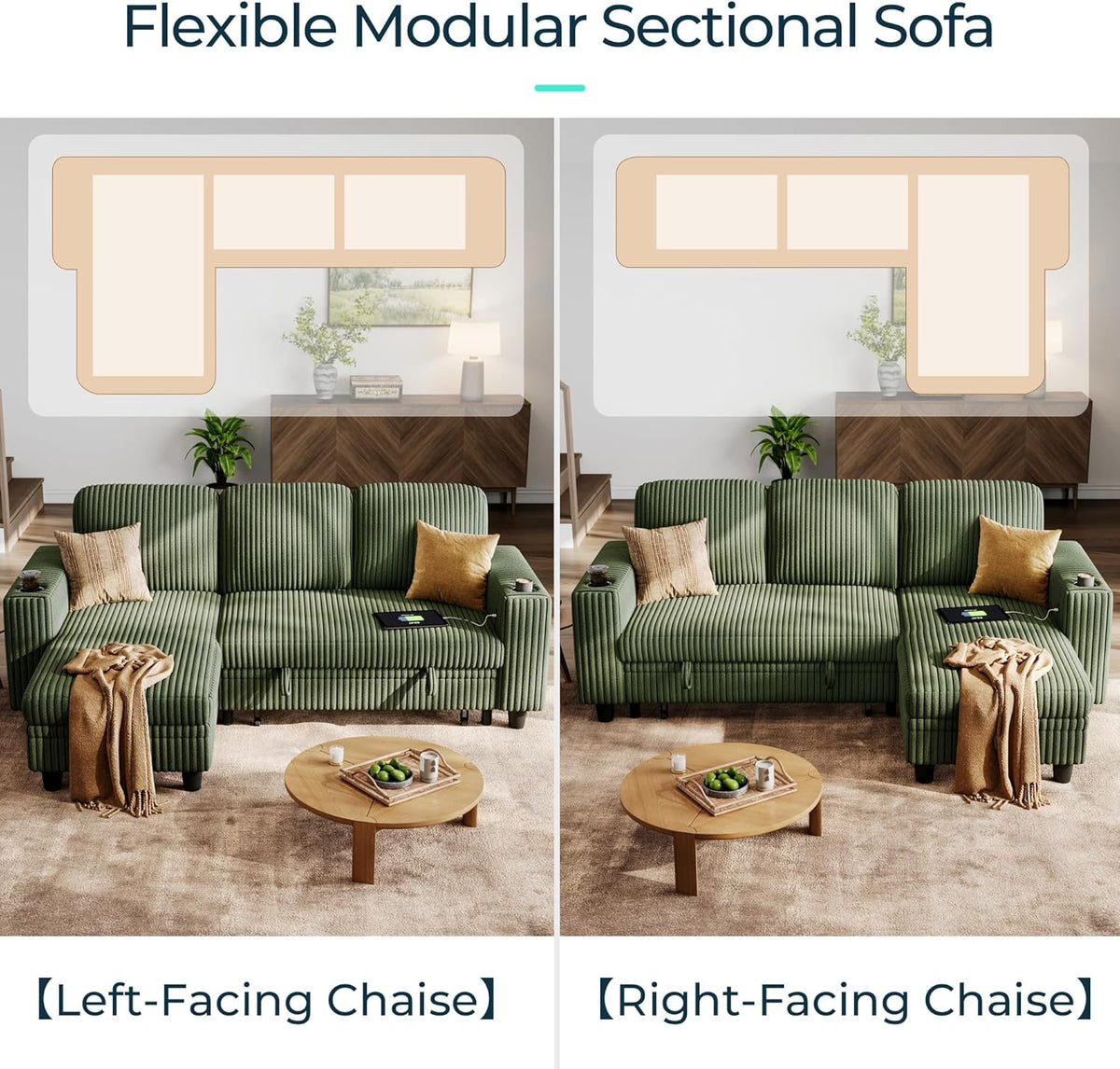 LINSY HOME Sectional Sleeper Sofa Pull Out Couches for Living Room (Green, Sleeper Sofa 1) | Pull Out Sofa Bed, Storage, USB Charging, Cup Holders, Plush Corduroy