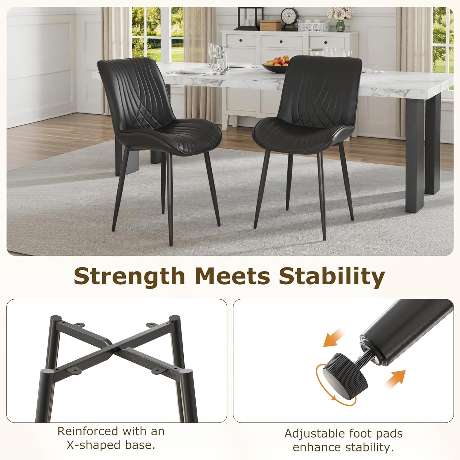 VECELO Dining Chairs Set of 2, Modern Upholstered Faux Leather Cushion Seat and Metal Legs for Kitchen, Living Room, Black