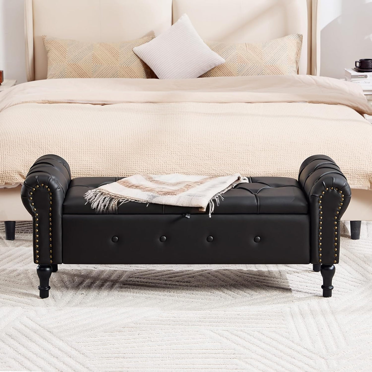 Storage Bench for Bedroom, Faux Leather 51" End of Bed Bench, Queen Size Bench with Rolled Arms, Tufted Storage Ottoman Benches, Upholstered Bench for Bedroom, Living Room, Entryway, Black