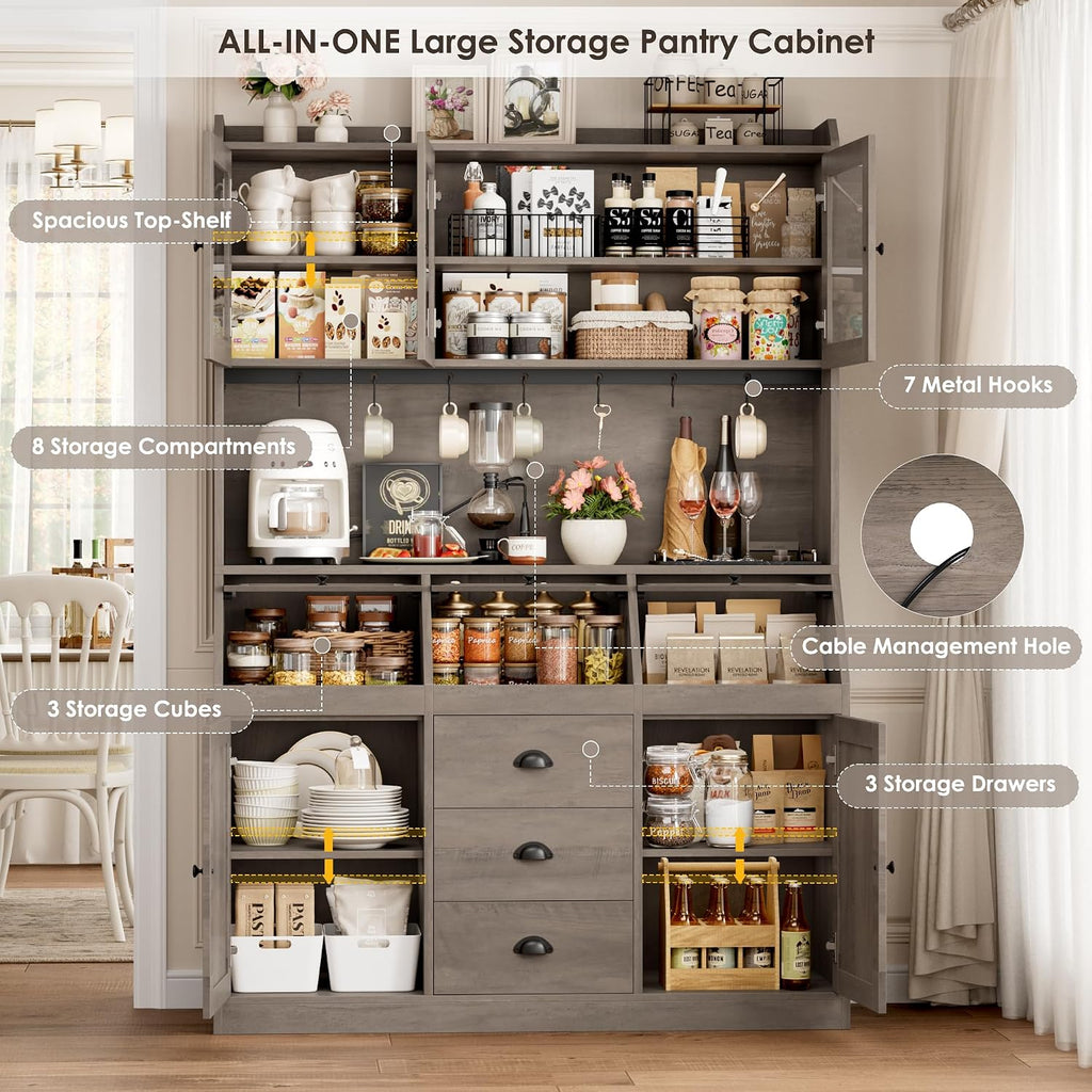 HIFIT 71.4” H Kitchen Hutch Pantry Cabinet with 3 Bread Boxes&7 Metal Hooks | Farmhouse Kitchen Hutch Cabinet with Storage and Glass Doors for Living Dining Room, Home Office, Ash Grey