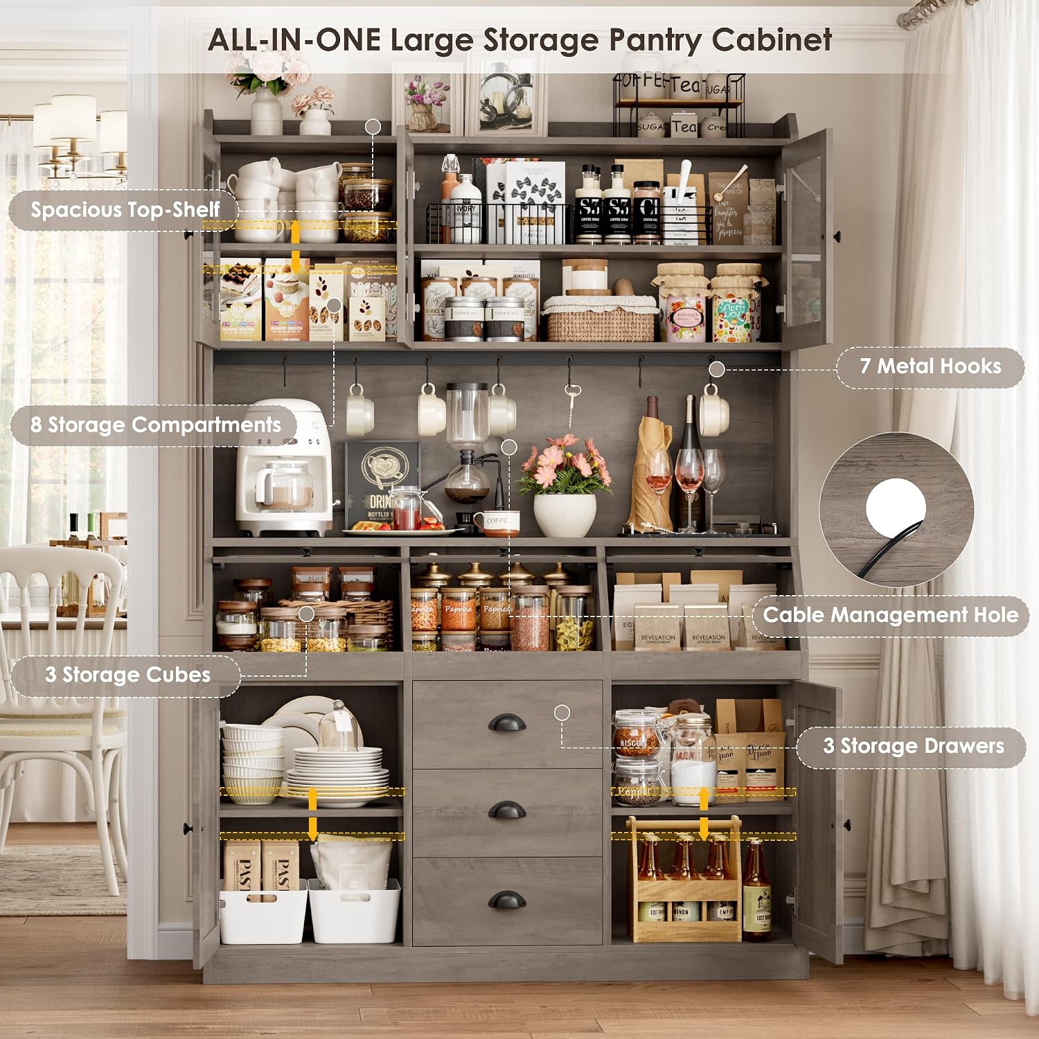 HIFIT 71.4” H Kitchen Hutch Pantry Cabinet with 3 Bread Boxes&7 Metal Hooks | Farmhouse Kitchen Hutch Cabinet with Storage and Glass Doors for Living Dining Room, Home Office, Ash Grey