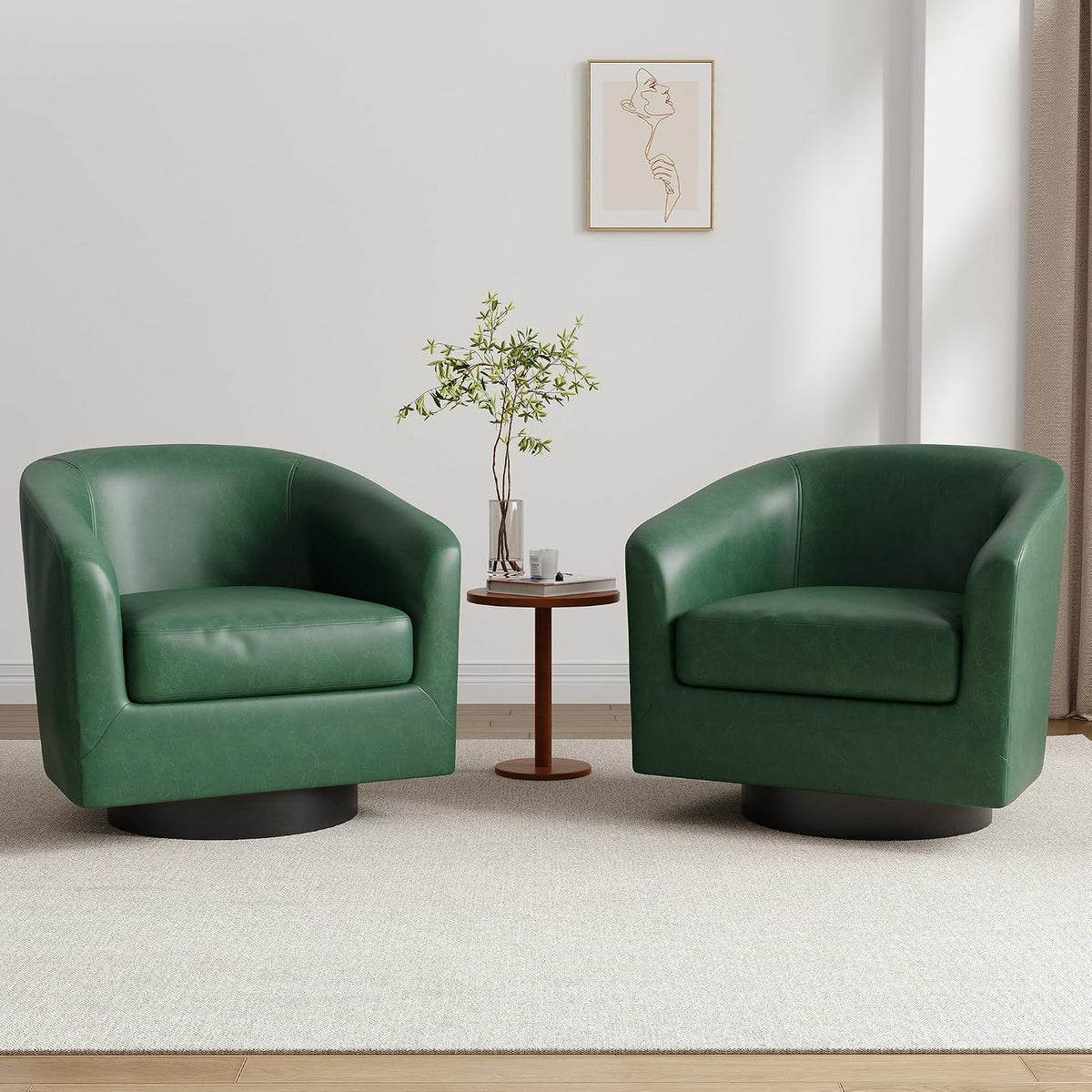 Lumibee Faux Leather Swivel Barrel Chairs Set of 2, Upholstered Comfy Round Swivel Accent Chair, 360° Rotation Single Sofa Club Armchair for Living Room, Reading Room, Bedroom, Green